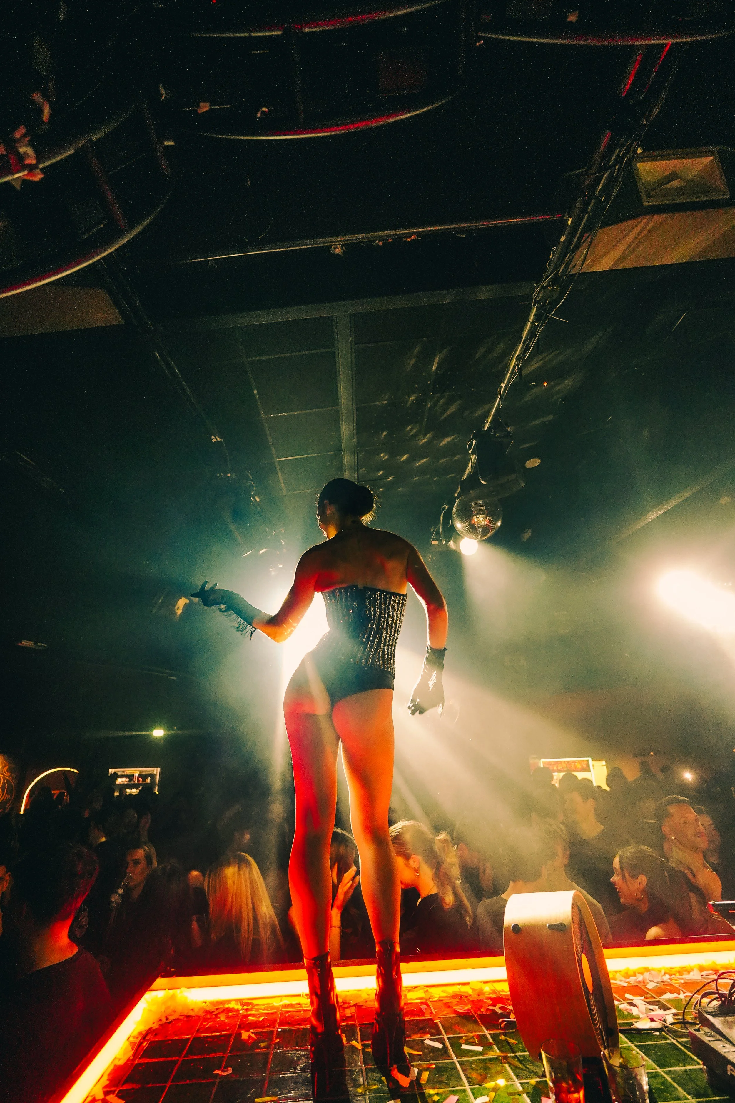 A performer on stage at a nightclub, wearing black lingerie, high heels, and gloves, holding a microphone, with crowd dancing and enjoying in the background. Stage lighting creates a dramatic atmosphere.