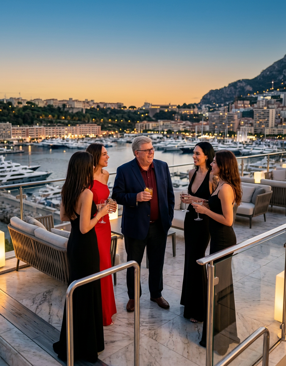 Group of five people, four women and one man, enjoying drinks on a rooftop with a marina and city skyline at sunset in the background.