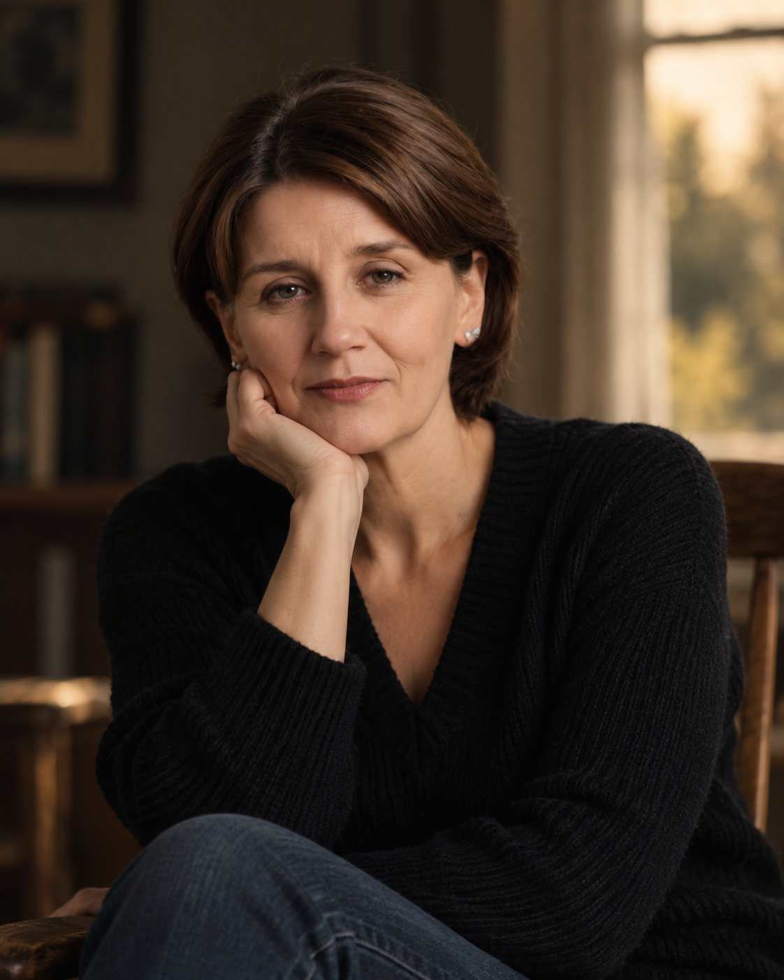 Author Amanda Wilkerson, seated, resting her chin on her hand.