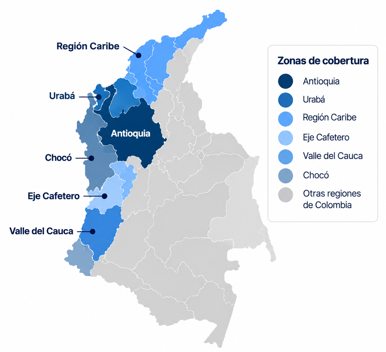 Mapa de Colombia con zonas de cobertura de ISMA para estudios de suelos e ingeniería geotécnica en Antioquia, Urabá, Región Caribe, Eje Cafetero, Valle del Cauca y Chocó.