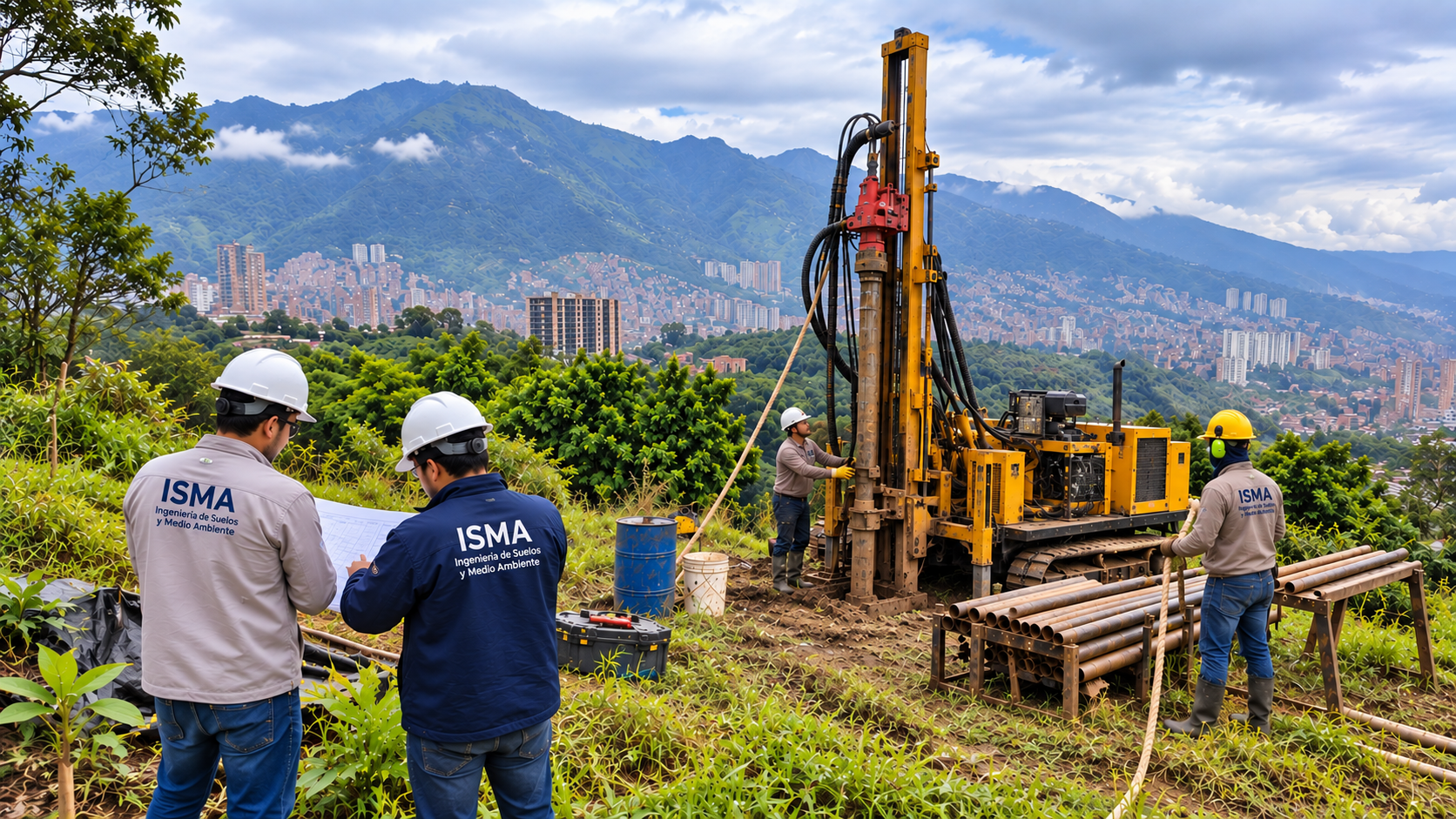 Ingenieros y trabajadores en la obra de perforación en un terreno con vegetación, con ciudad y montañas al fondo, usando cascos y ropa de seguridad.