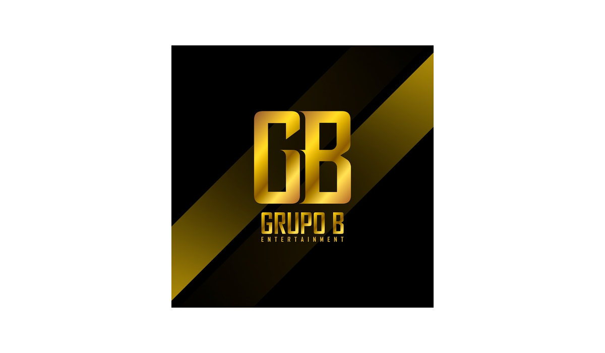 Logotipo con letras doradas 'GB' y texto 'GRUPO B ENTERTAINMENT' en fondo negro con franjas diagonales doradas y negras