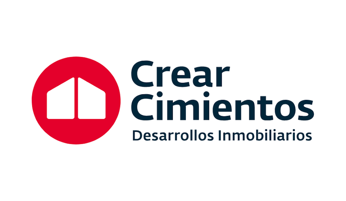 Logotipo con icono de casa en círculo rojo y texto en negro que dice 'Crear Cimientos'. Subtítulo 'Desarrollos Inmobiliarios'.