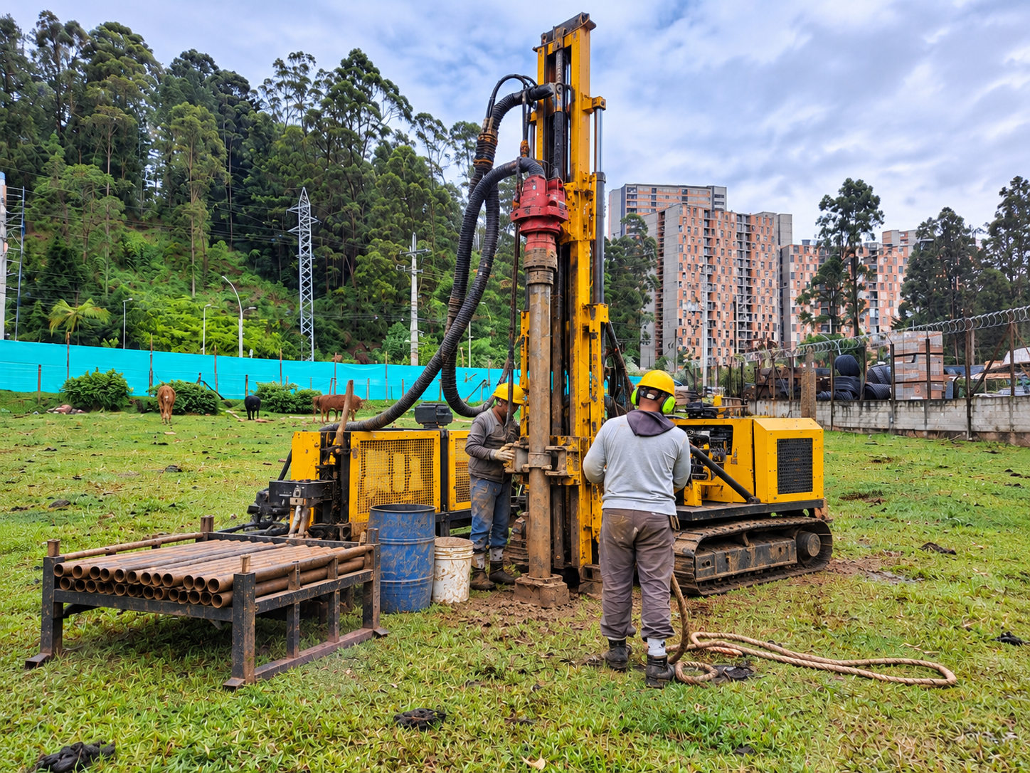 Dos trabajadores con casco y protección auditiva operan una maquinaria pesada de perforación en un campo de césped, con animales y edificios en el fondo.