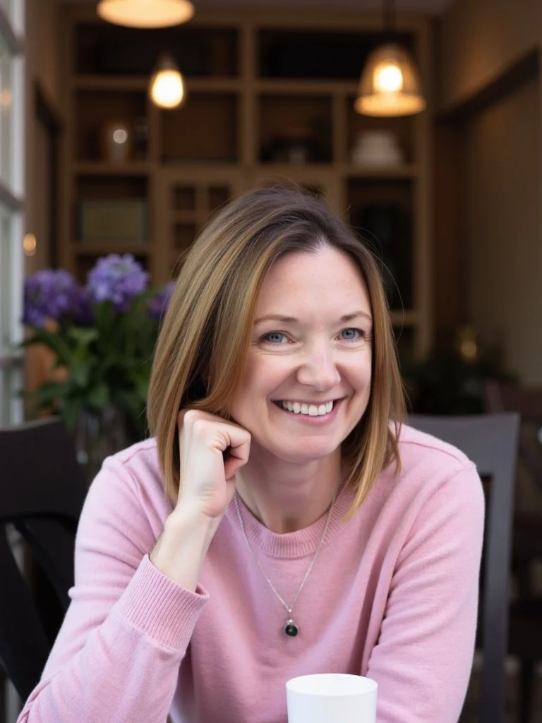 A woman with shoulder-length light brown hair, wearing a pink sweater and a necklace, smiling at the camera while sitting at a table in a cozy, well-lit room with wooden shelves and purple flowers in the background.