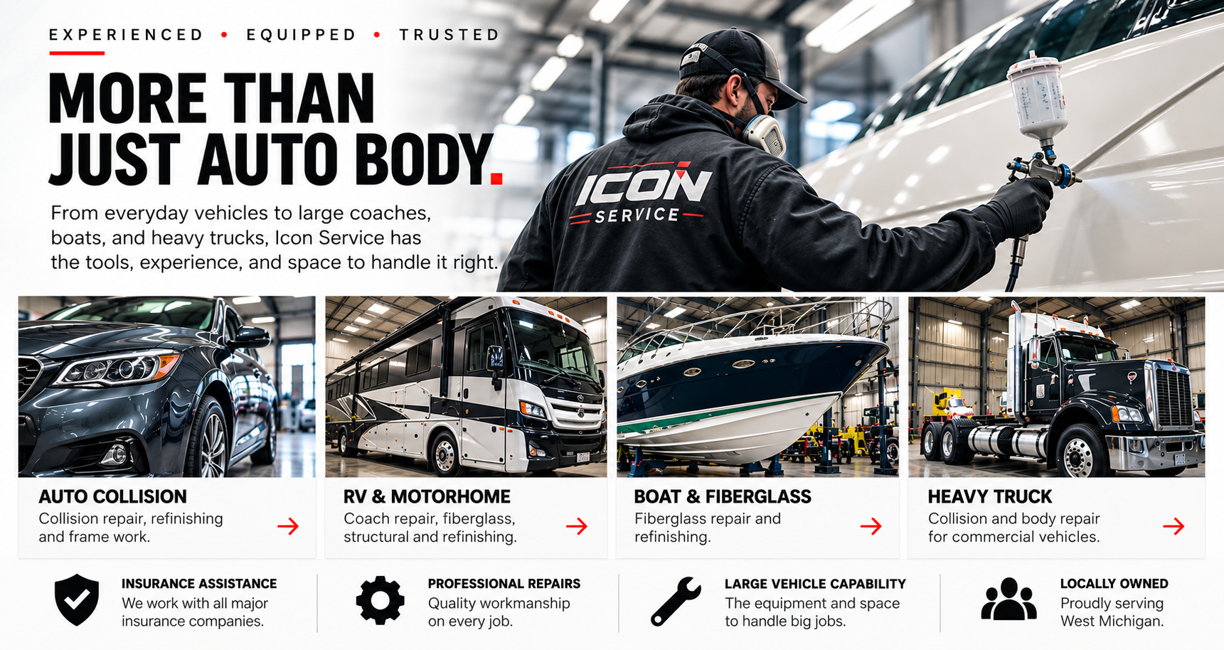 A man working on a white vehicle inside a garage, with images of a dark gray car, an RV, a boat, and a heavy truck below, and text about auto repair services.