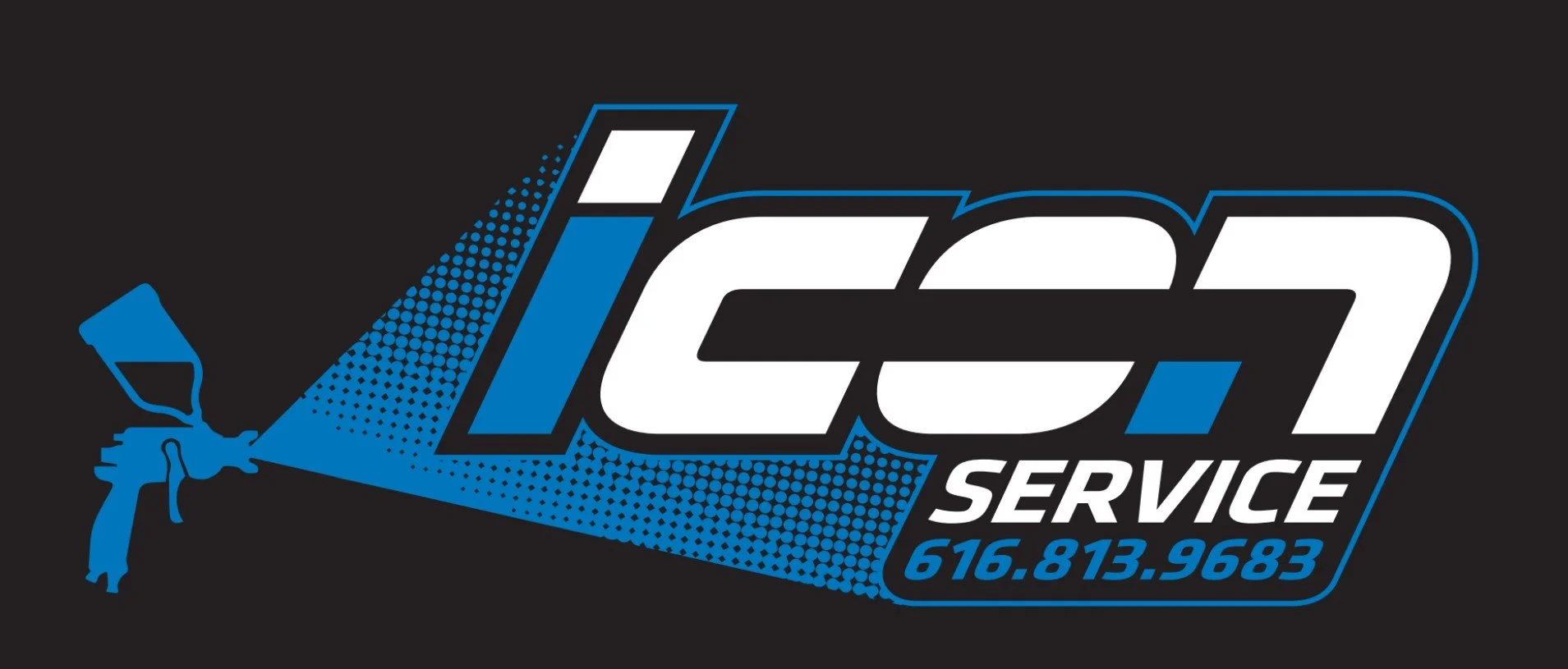 Logo for ICE Service with a spray gun illustration, contact number 616.813.9683, in black, blue, and white colors.