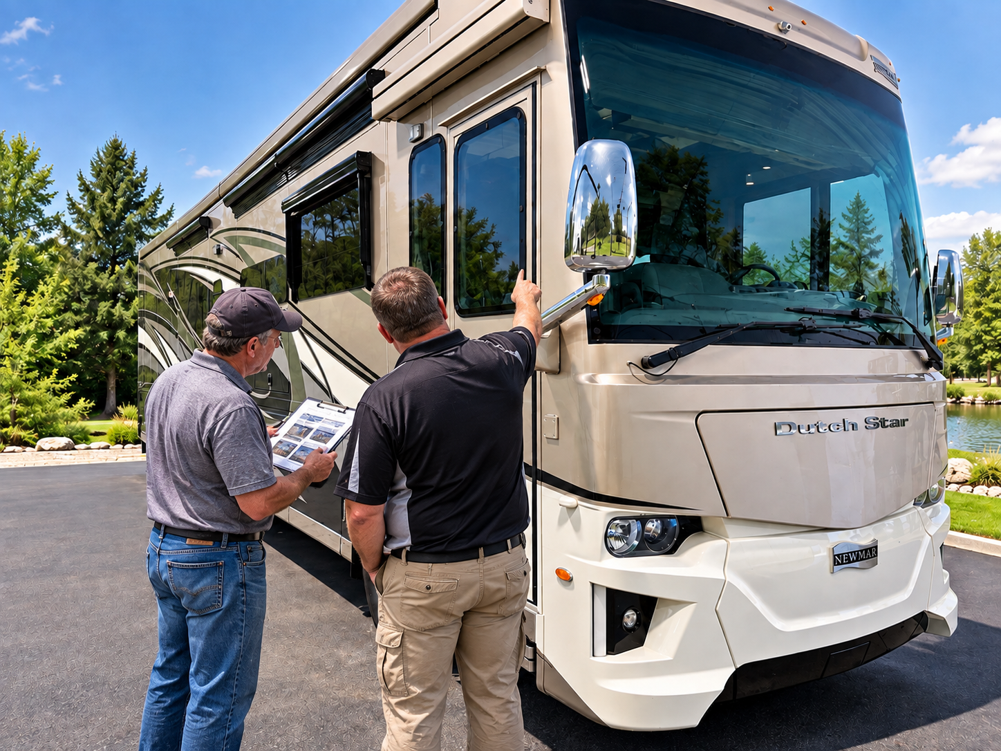 Two men inspecting a large beige Dutch Star recreational vehicle parked on a paved driveway, with one showing a brochure and the other pointing at the RV's window, in a lush green park setting under a blue sky.