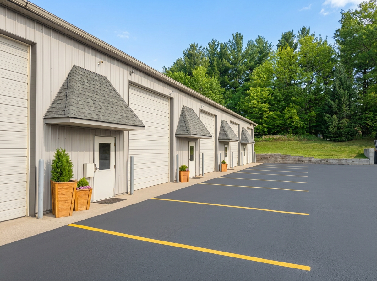 An exterior view of a commercial building with four large garage doors, each with a small awning above. There are potted plants outside each door, and a parking lot with freshly painted yellow lines leads to the building, with a backdrop of green trees and a clear blue sky.