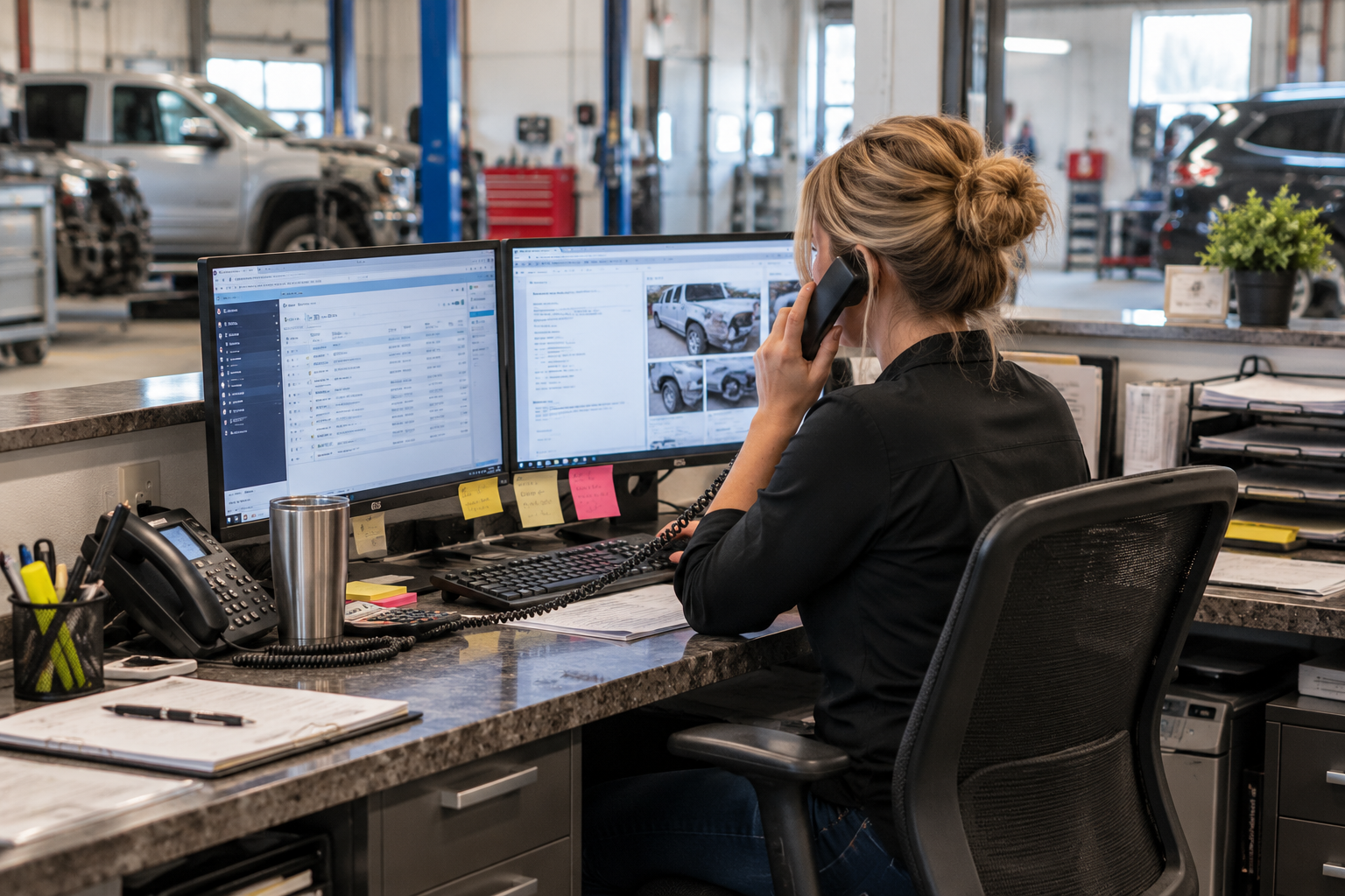 A woman working at a desk in an auto repair shop, talking on the phone with dual computer monitors displaying car photos and data, with vehicles and tools in the background.