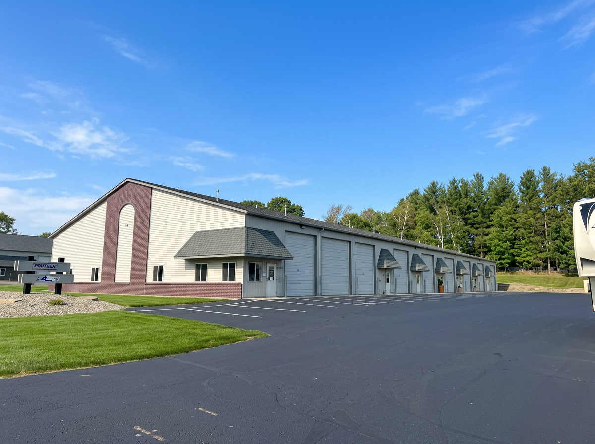 Large industrial-style building with multiple garage doors, surrounded by a paved parking lot, green grass, and trees under a blue sky with clouds.