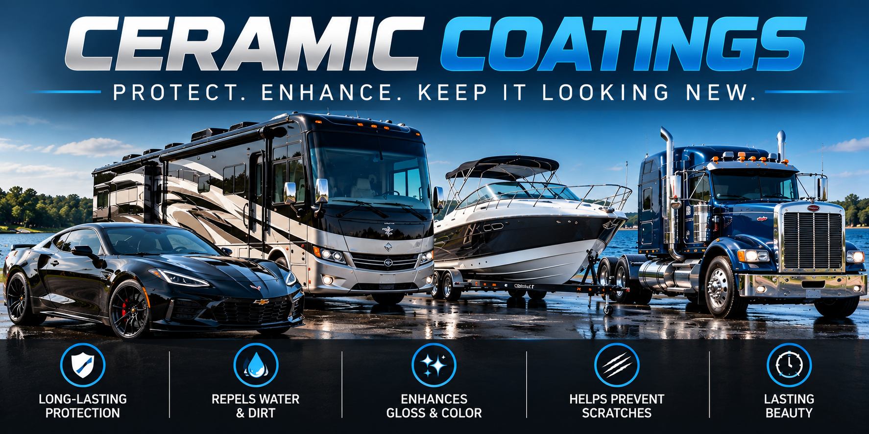 A promotional image showing a black sports car, a motorhome, a boat on a trailer, and a semi-truck parked on a lake shoreline with trees in the background. The image advertises ceramic coatings for protection, enhancement, and maintaining a like-new appearance, highlighting benefits such as long-lasting protection, water and dirt repellence, gloss and color enhancement, scratch prevention, and lasting beauty.