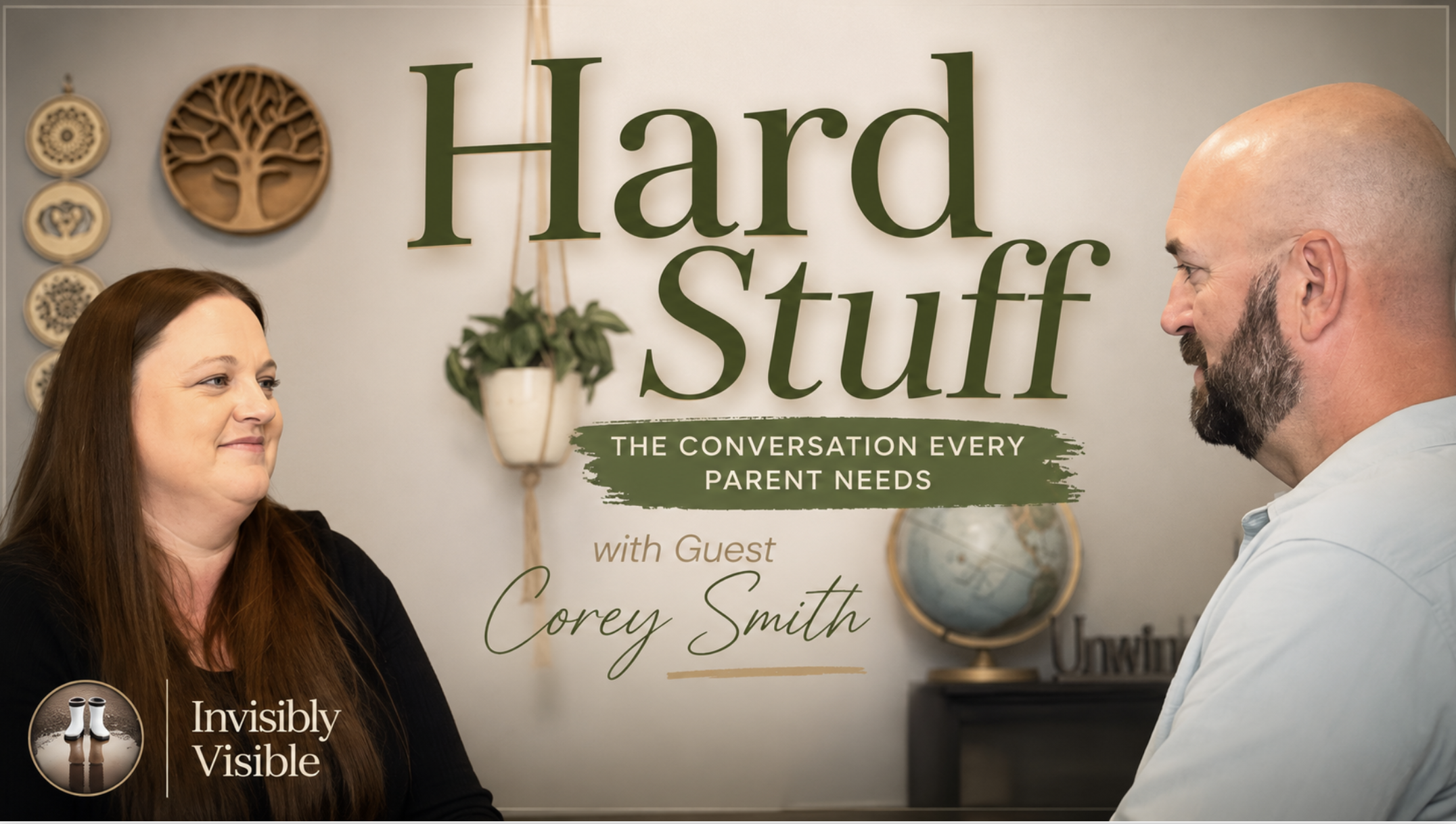 Two individuals, a woman with long brown hair and a man with a beard, engaged in conversation in front of a wall with a sign that reads 'Hard Stuff.' The setting suggests a professional or seminar environment focused on parenting topics.