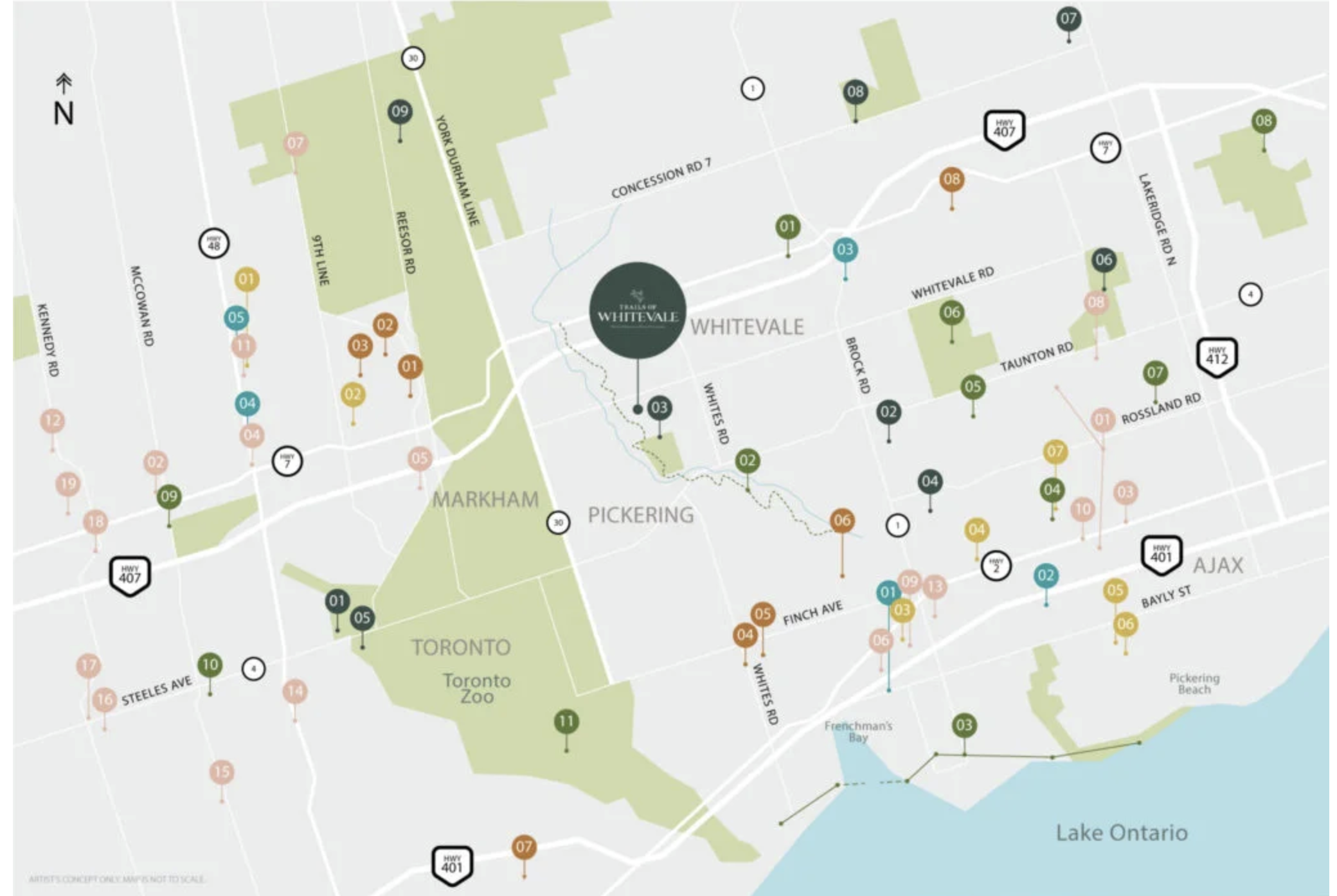Trails of Whitevale area map showing Pickering, Markham and nearby highways