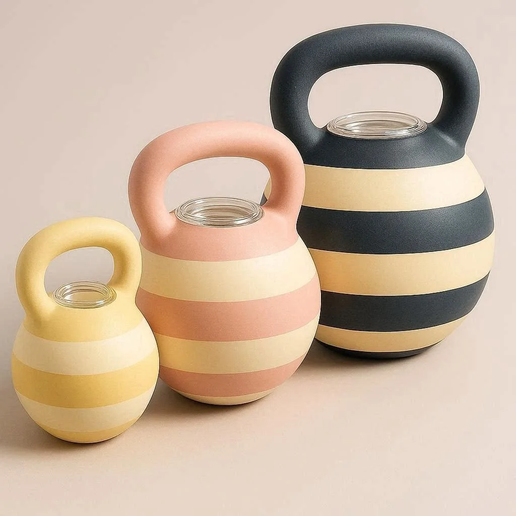 CMF Design rendering and imagery. Three striped ceramic vases with handles, in yellow, pink, and black, arranged on a neutral background.