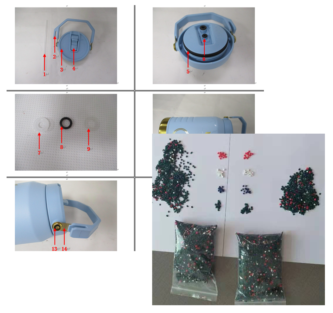 Disassembled blue handheld device with parts including a lid, seals, and beads, likely a Christmas decoration or craft project.