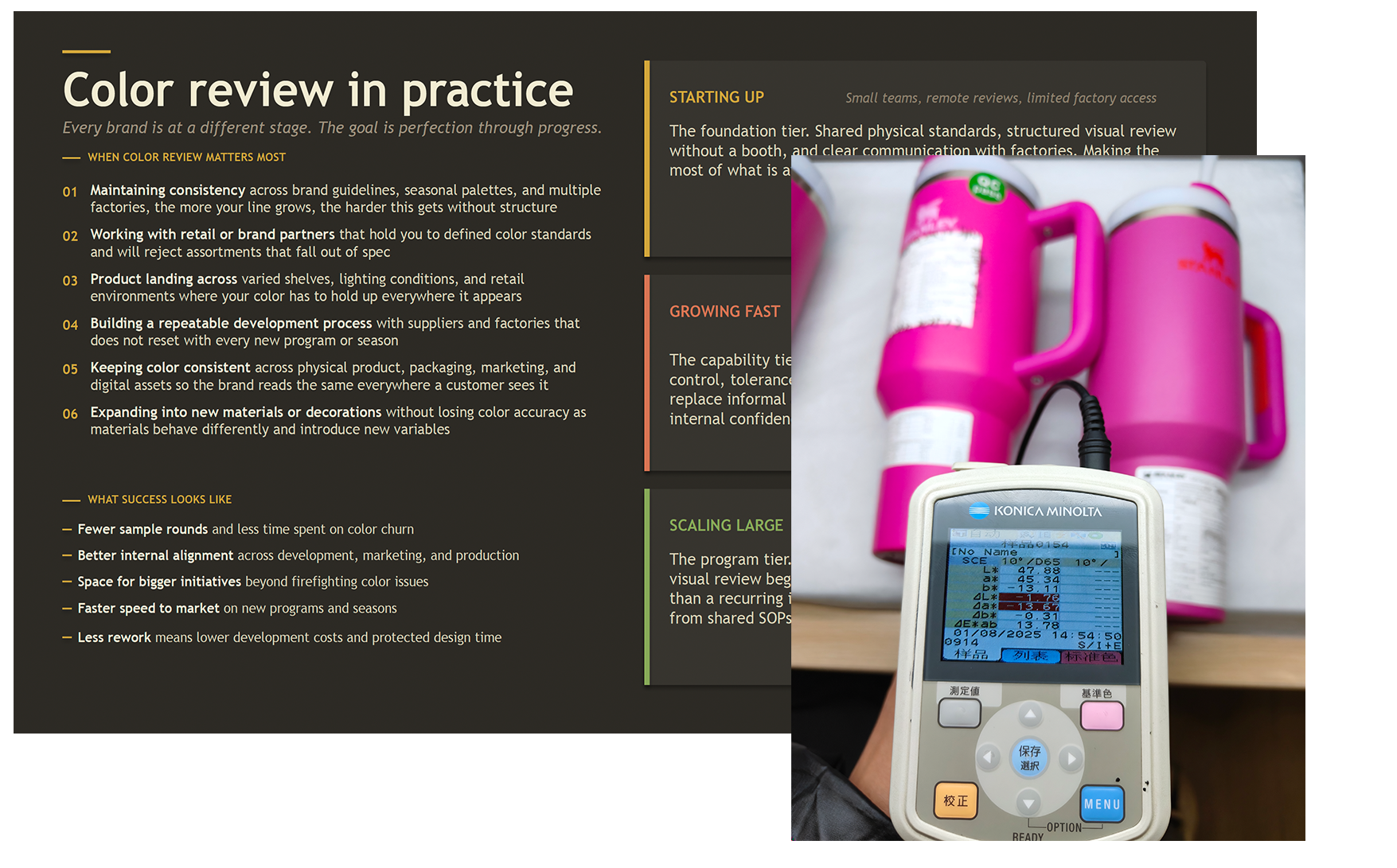 A screen displaying a presentation slide titled 'Color review in practice' with a list of guidelines on color management. In front of the slide, a person is holding a color measurement device showing color data on its blue backlit screen. The device is connected to a cord, and there are three pink paint cans with labels in the background.
