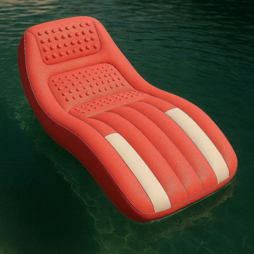 CMF Design rendering and imagery. Floating red inflatable lounge chair with white stripes on water.