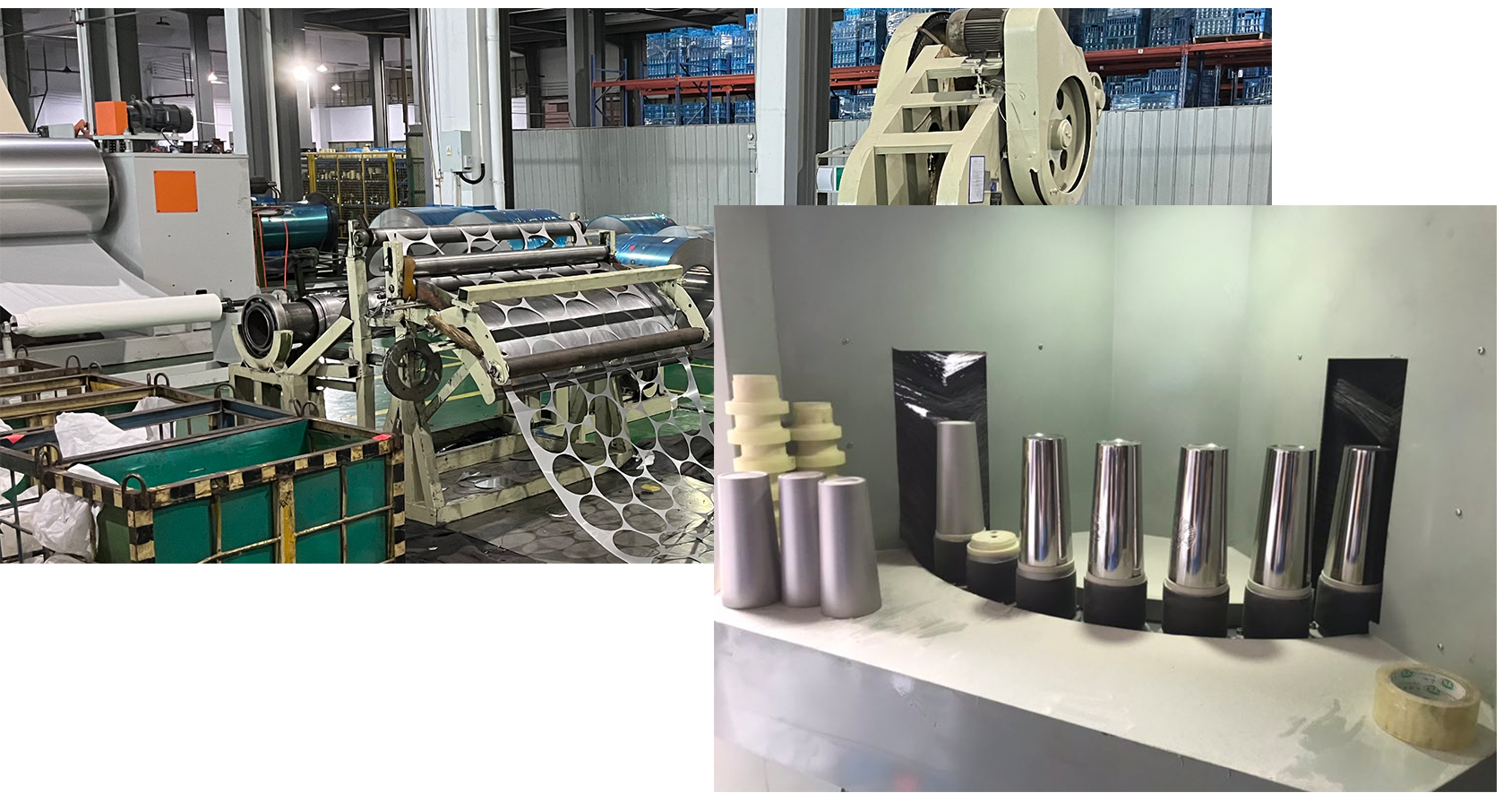 Factory setting with Industrial manufacturing setting with machinery, rolls of metal for metal forming and a automatic powdercoat and paint spraying line showing manufacturing process.