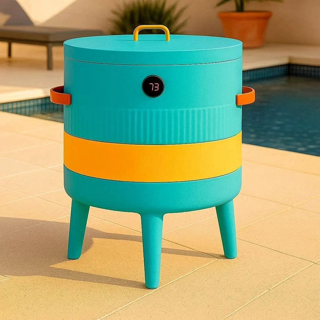 A yellow and teal colorful, modern portable pool side cooler with a digital temperature display