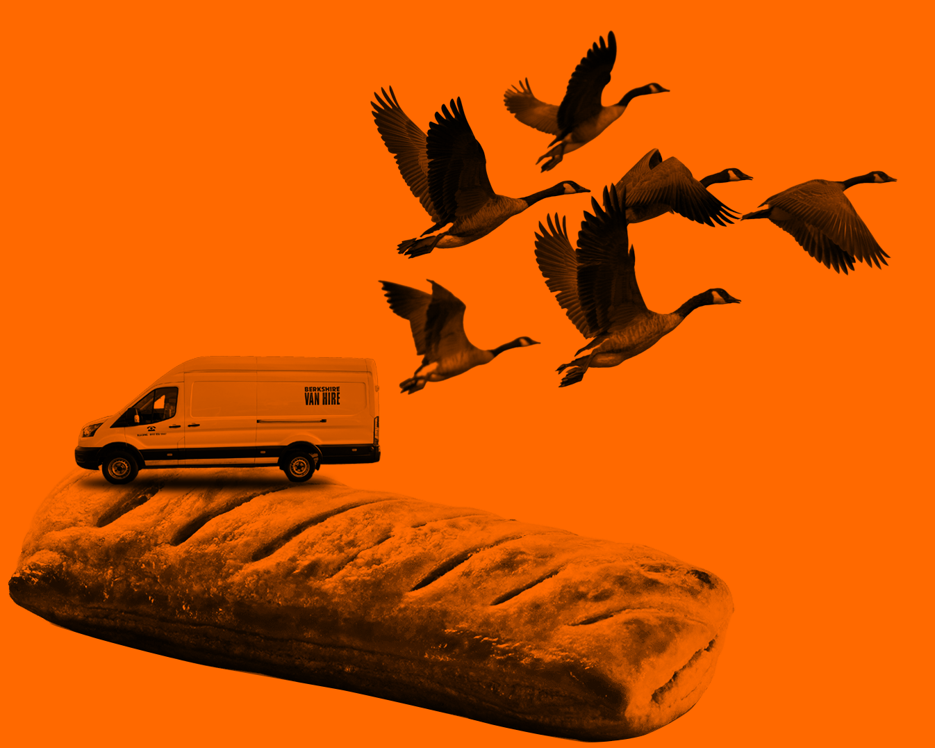 A van labeled 'Berkshire Van Hire' is positioned on a large Greggs sausage roll, with a flock of flying geese above against an orange background.