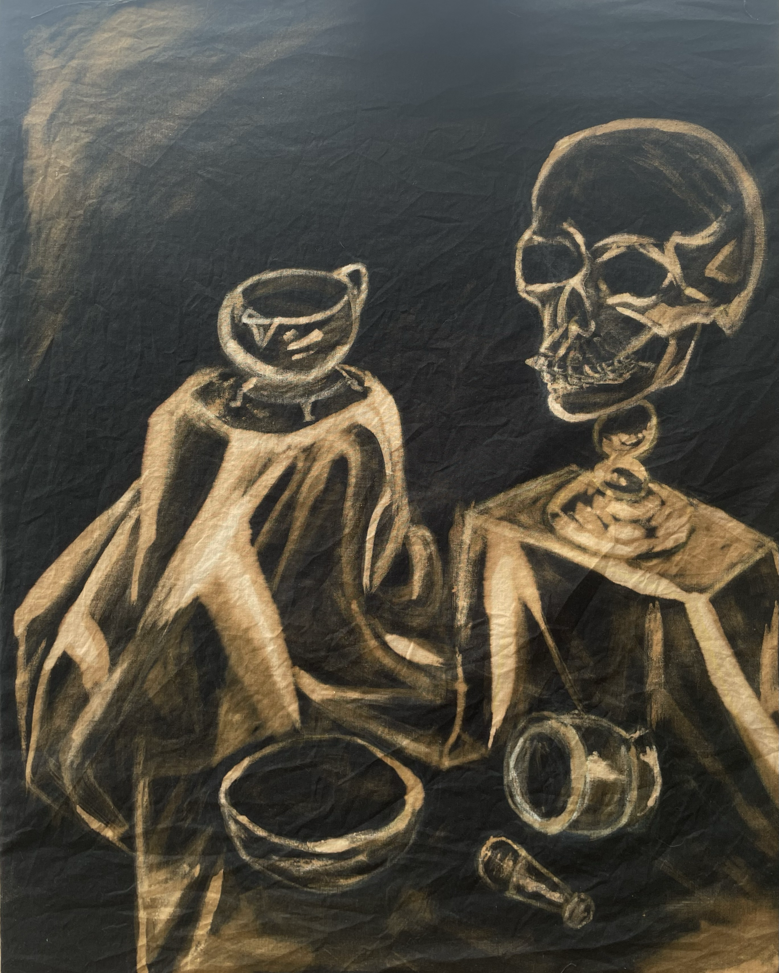 Mr Skelly, bleach on cotton, 30"x20", 2024
