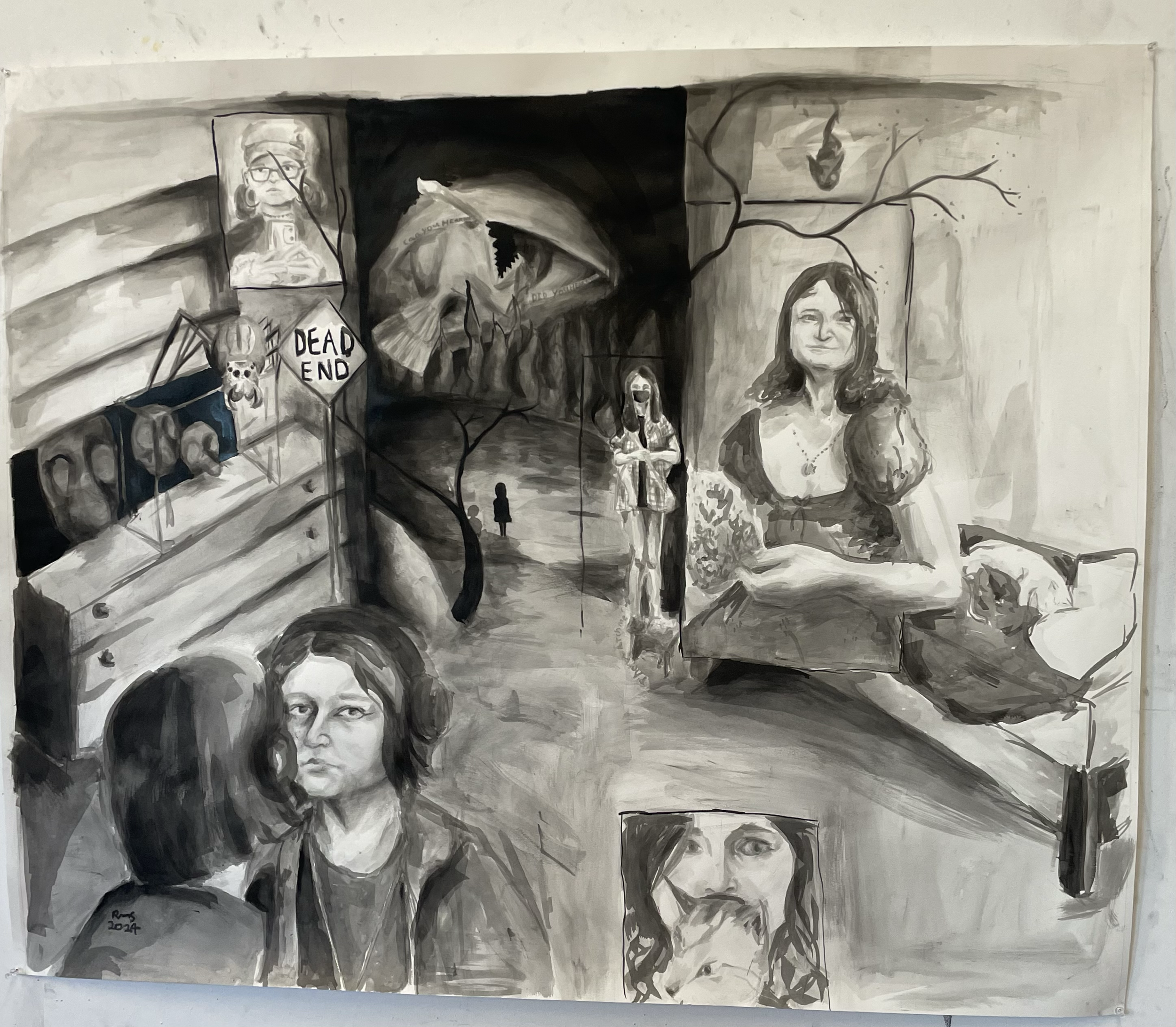 That Thing in the Hallway, 4'x3', ink on paper, 2024