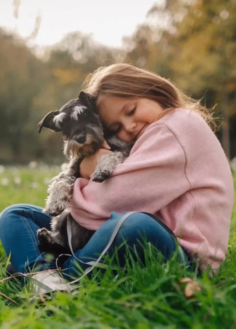 A little girl in a pink sweater hugs her miniature schnauzer dog while sitting outside