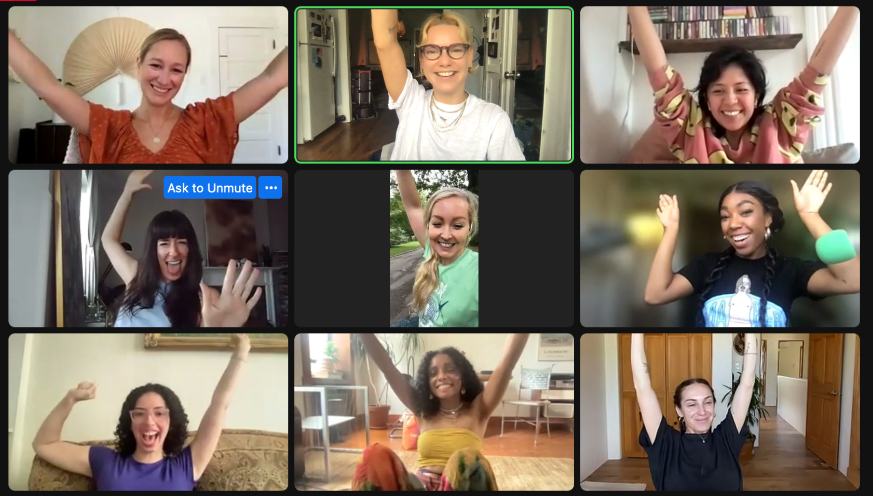 Nine Bowl Club participants smiling and raising their hands during an online group session.