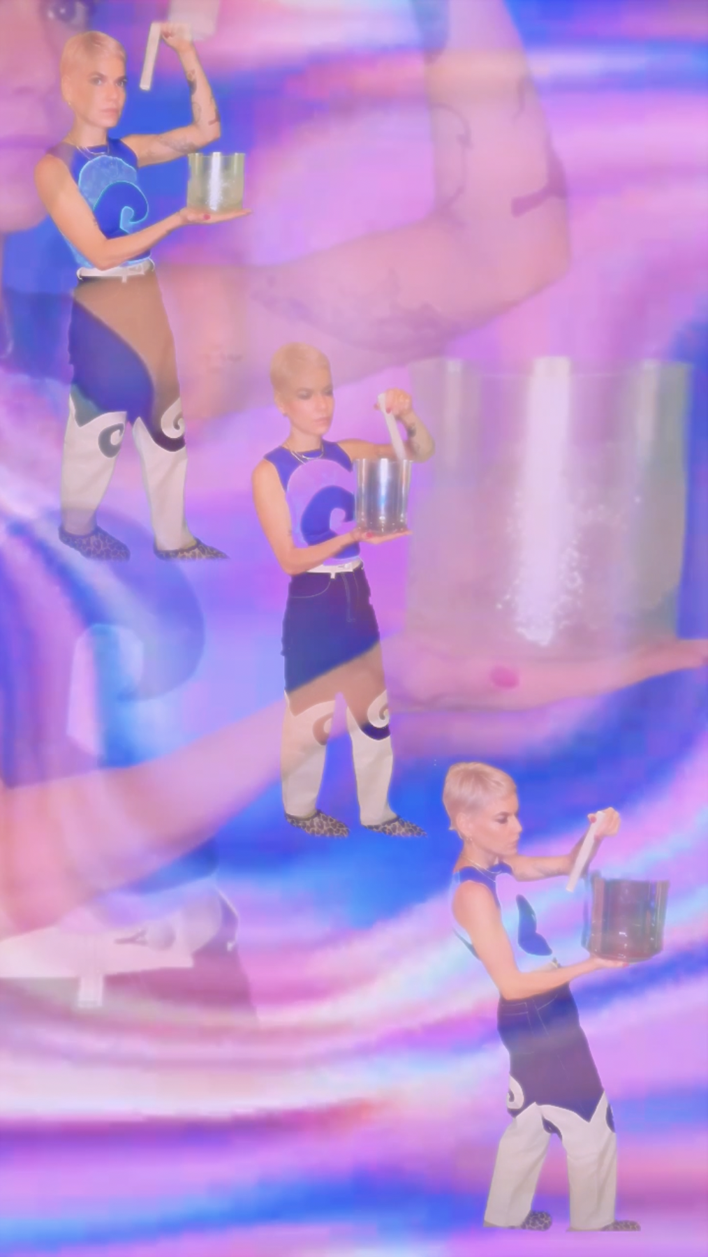 Bowl Club collage of Jackie holding crystal singing bowls against iridescent pink and blue textures.