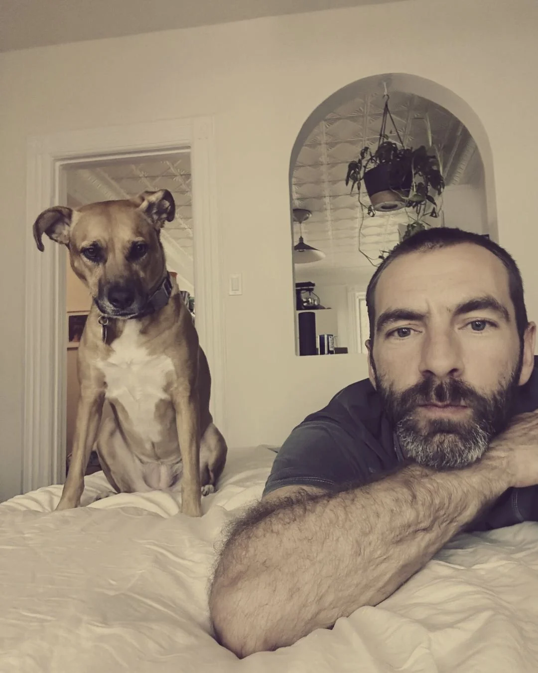 A man with a beard lying on a bed with a dog sitting next to him, inside a house with off-white walls and a decorated ceiling with hanging plants in the background.