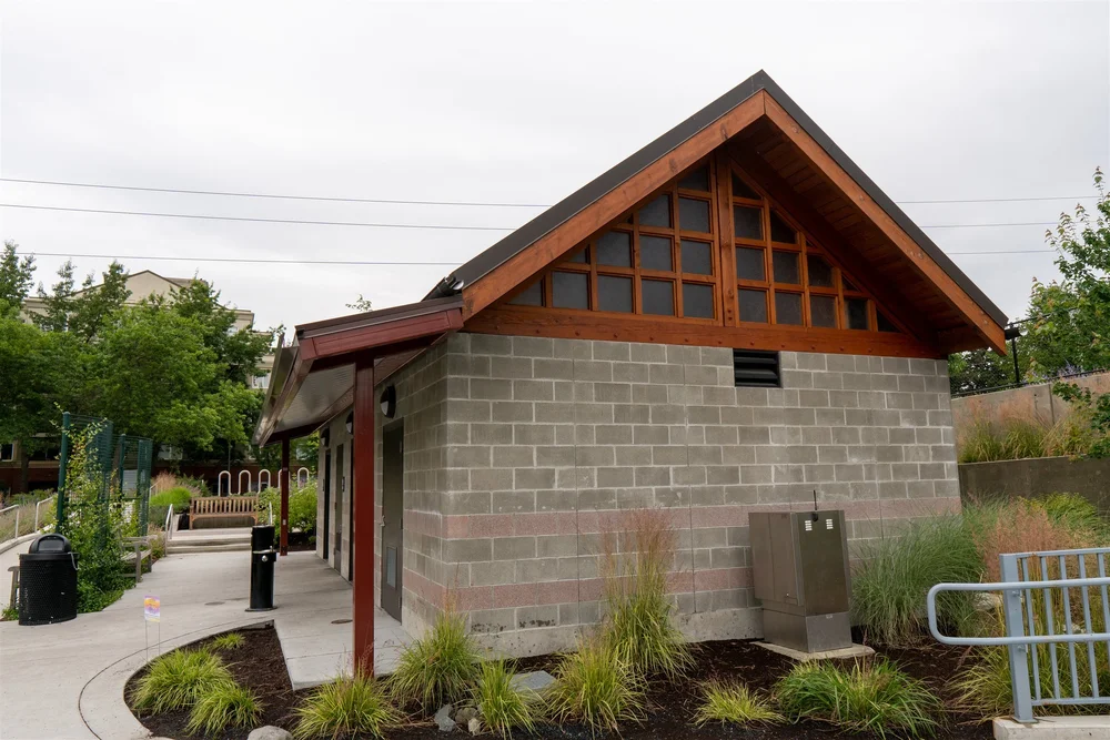 Completed timber and brick restroom building at Bellevue Downtown Park