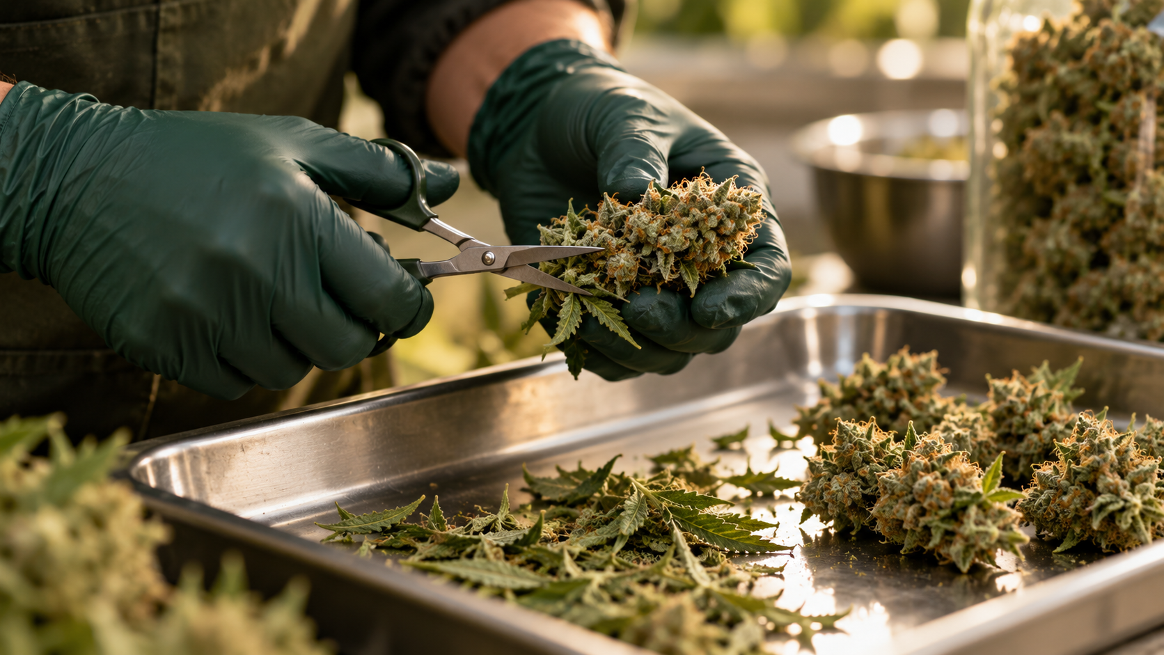 Illustrative image of careful hand trimming of cannabis flower