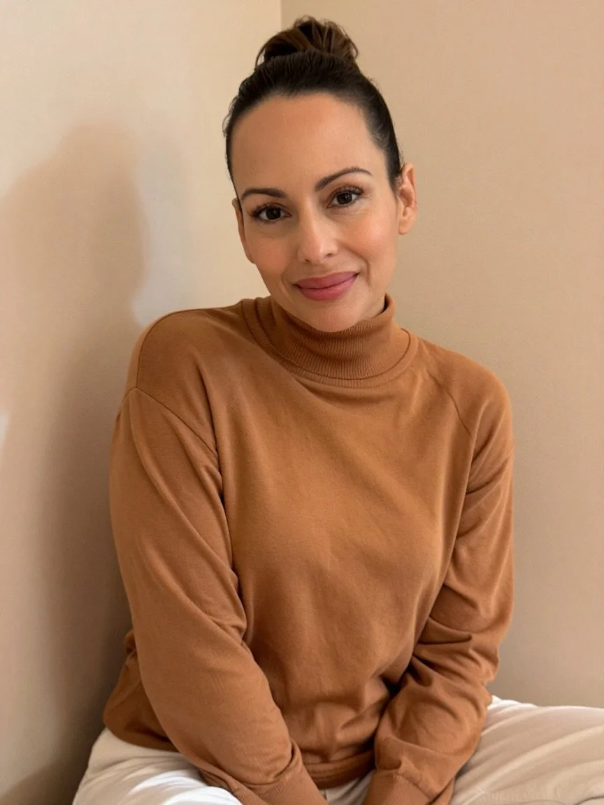 A woman with dark hair tied in a bun, wearing a tan turtleneck and white pants, sitting against a beige wall, smiling at the camera.
