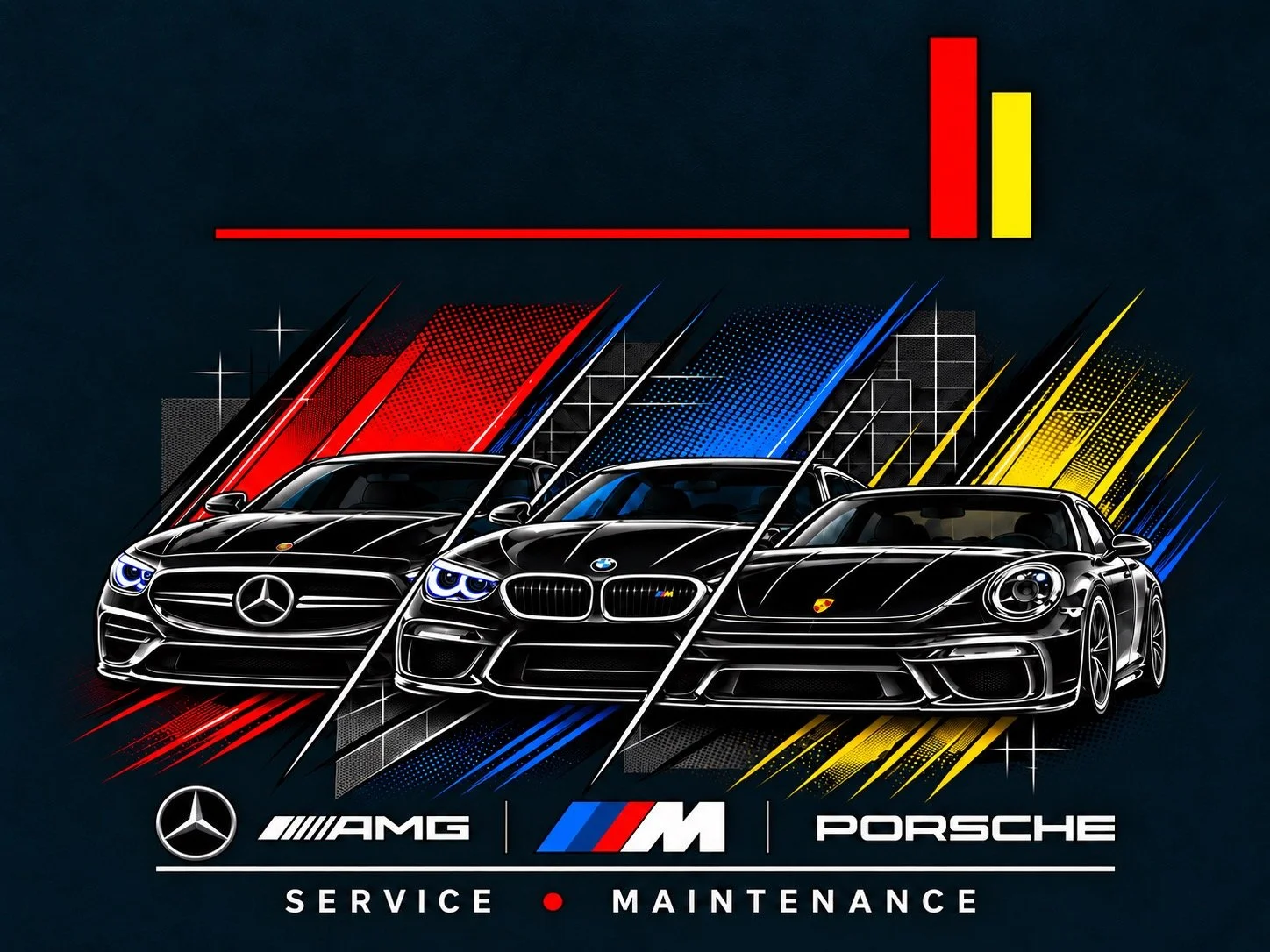 Illustration of three luxury cars, a Mercedes-Benz, BMW, and Porsche, with colored graphic backgrounds and racing stripes. Logos for Mercedes-Benz, AMG, BMW M, and Porsche are at the bottom, along with the words 'Service' and 'Maintenance' and a red dot.