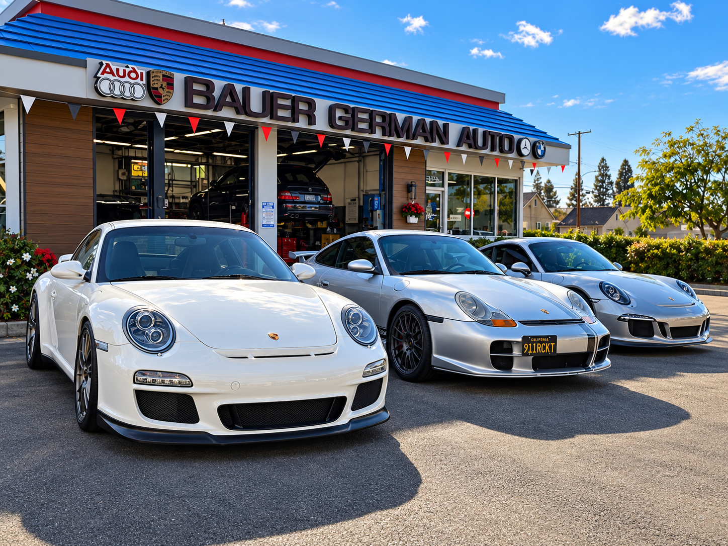 Three silver Porsche sports cars parked in front of an auto repair shop named Bauer German Auto, with a building and trees in the background on a sunny day.