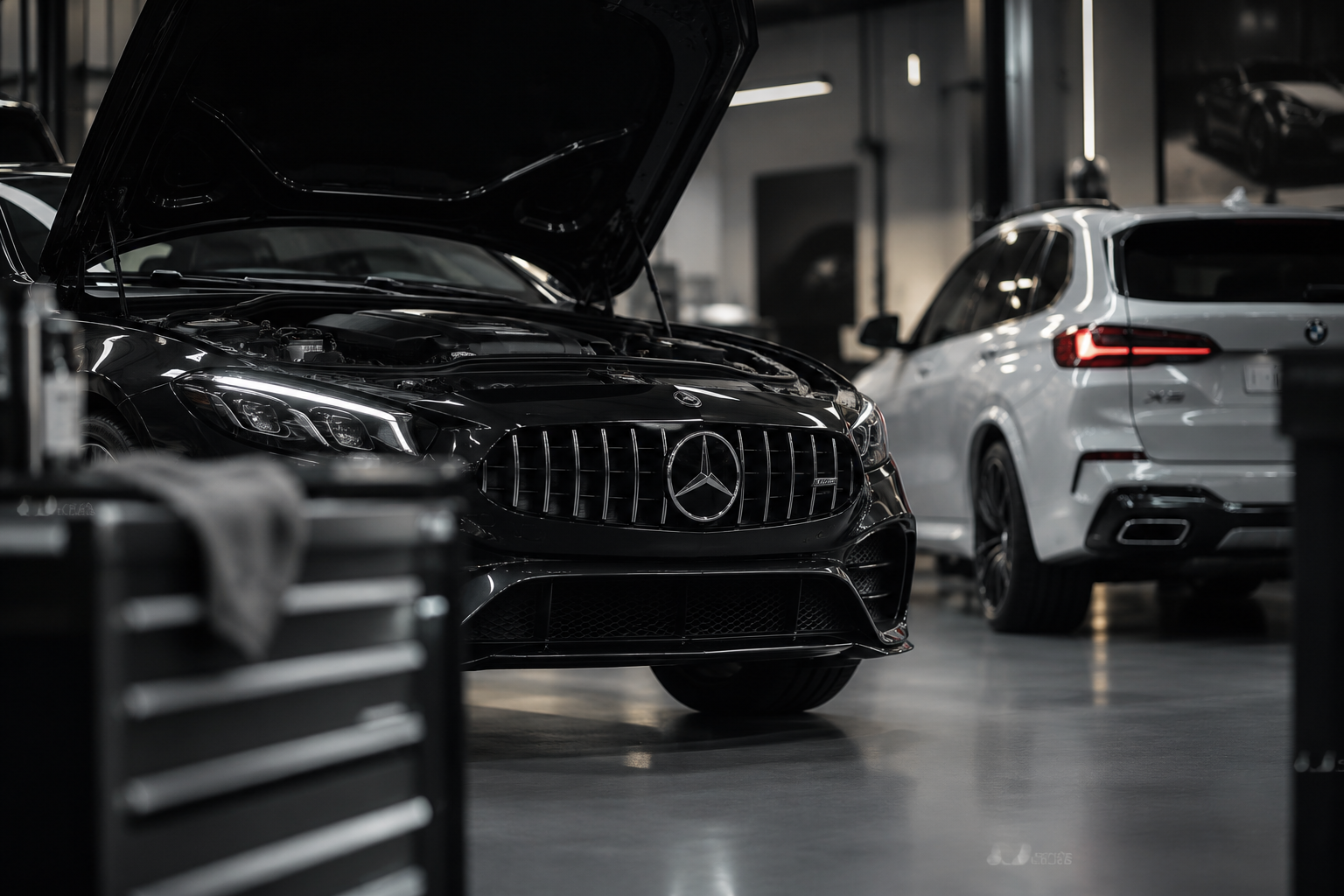 Black Mercedes-Benz with open hood and a white BMW in the background in a garage or workshop.