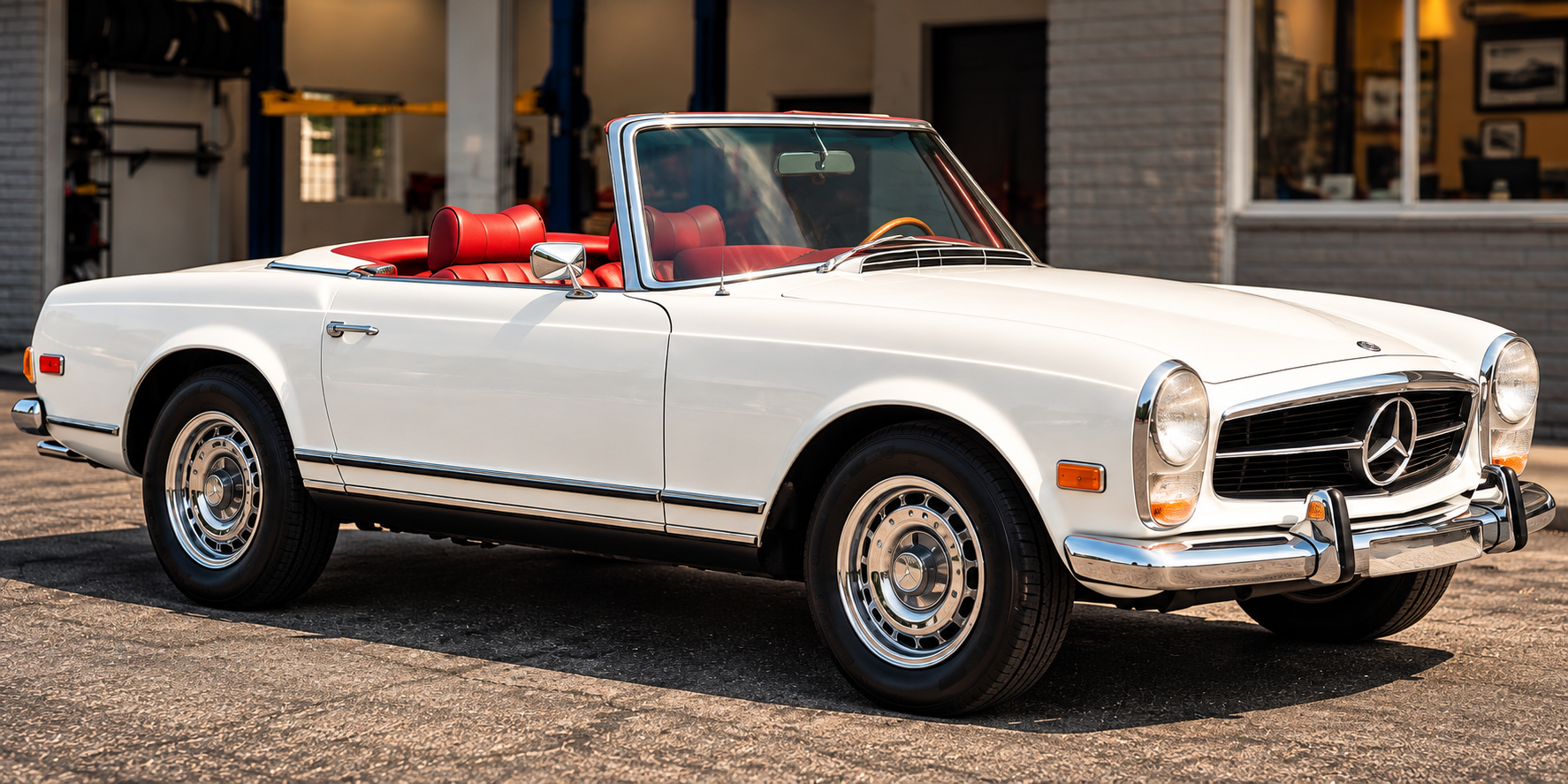 A classic white Mercedes-Benz convertible with red interior parked on a paved surface outside a building.