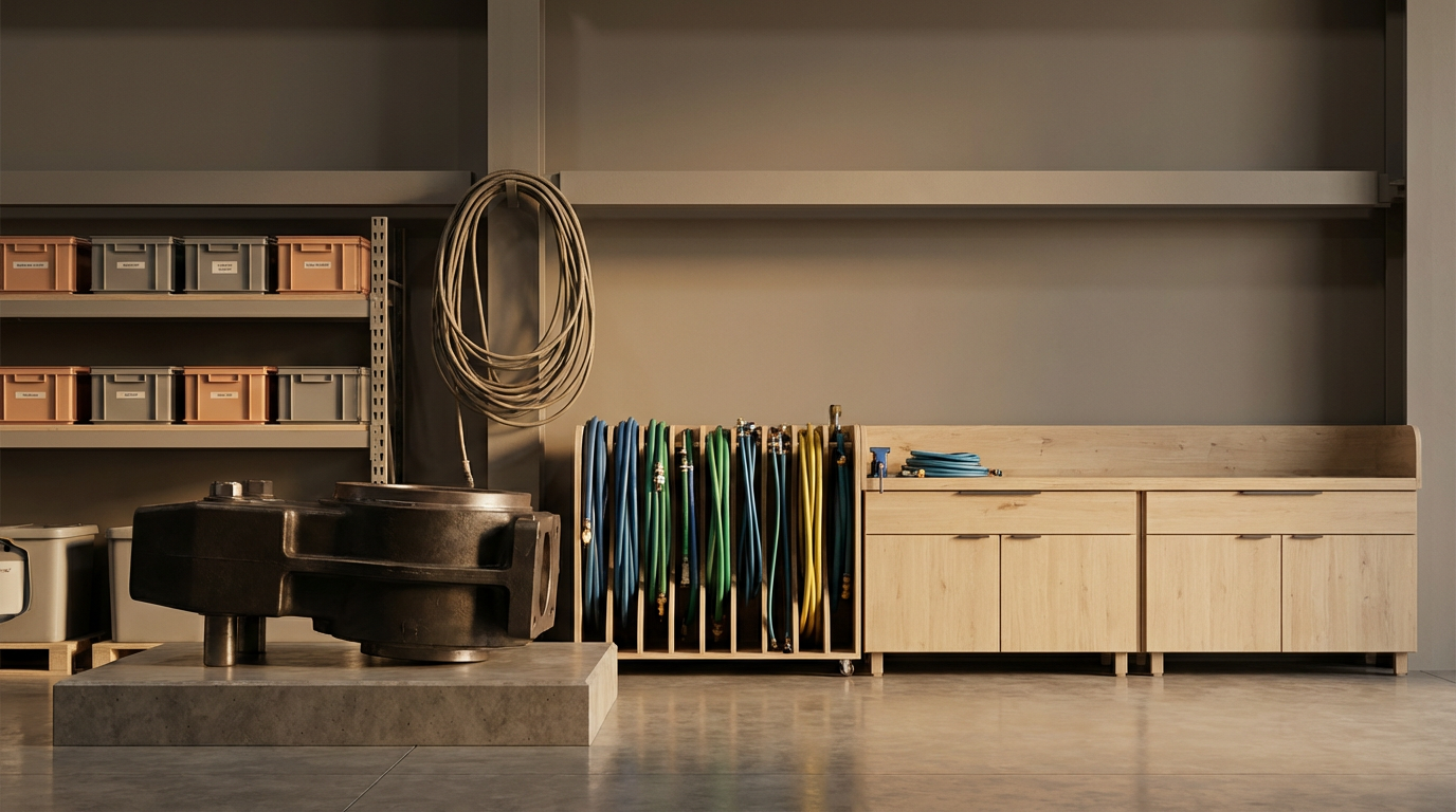 A storage area with organized tools and equipment, including a black object on a concrete pedestal, coiled hoses hanging on hooks, and a rack of colorful resistance bands, with shelves containing labeled plastic containers.