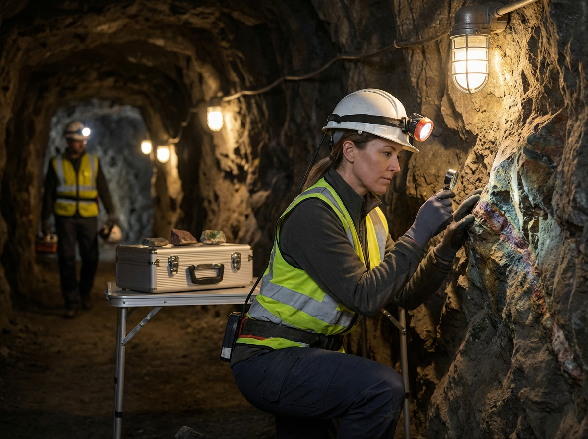 Two female geologists working inside a dark mine, one examining rocks with a magnifying glass and the other walking in the background with headlamps.