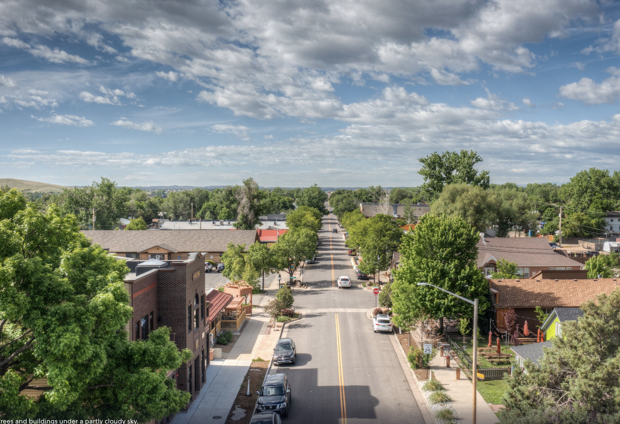 Small town street with trees and buildings under a partly cloudy sky.