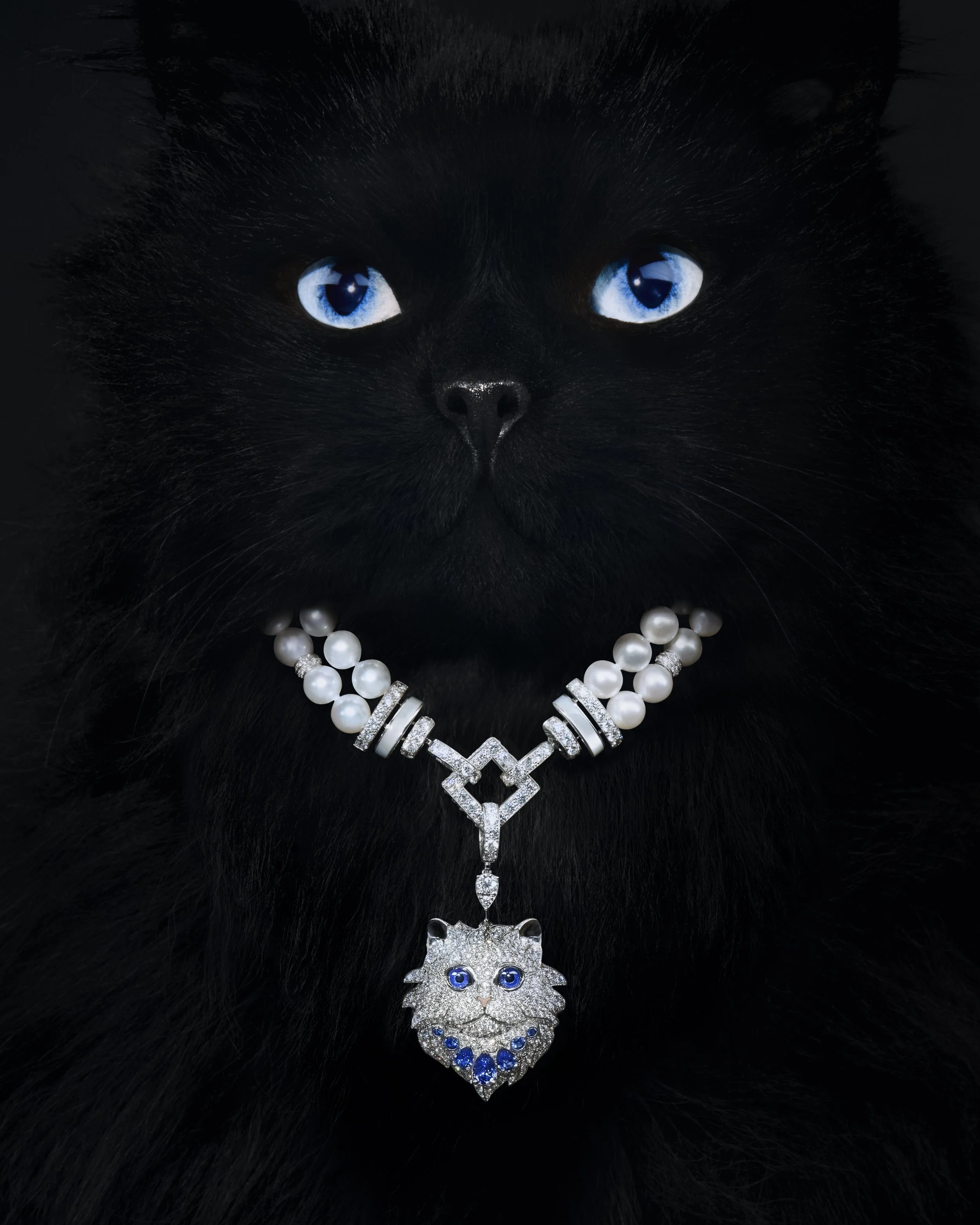 Close-up of a black cat wearing a pearl necklace with a silver, diamond and blue gemstone lion pendant. The cat has bright blue eyes and dark fur.