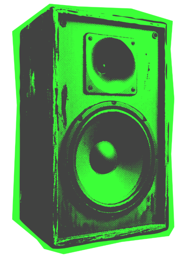 A vintage speaker with a large woofer and a smaller tweeter, outlined in neon green.