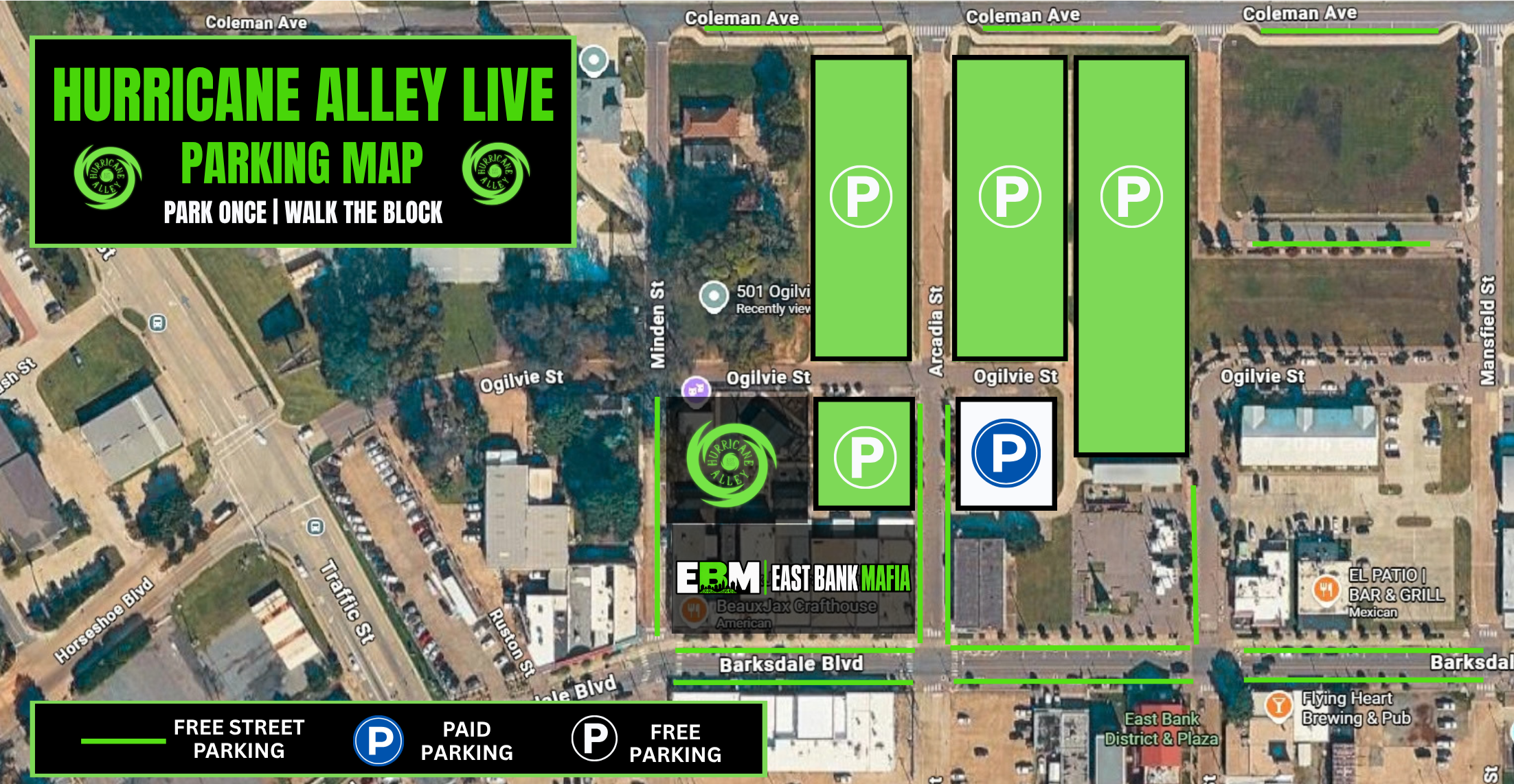 A parking map of Hurricane Alley Live shows various parking areas marked in green for free street parking, blue for paid parking, and black for free parking, with street names such as Coleman Avenue, Ogilvie Street, and Barkdale Boulevard. The map also indicates the location of Hurricane Alley Live and nearby businesses.
