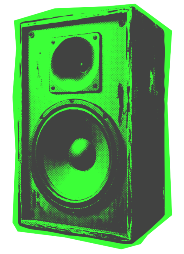 A stylized, neon green and black illustration of a large speaker with two drivers, one smaller above a larger one.