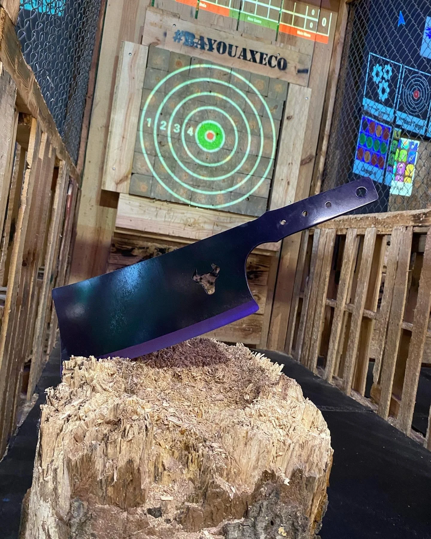 An axe embedded in a large log of wood, with a black handle and a sharp blade, in a rustic setting with wooden fencing and a target board with concentric circles and a hashtag sign in the background.