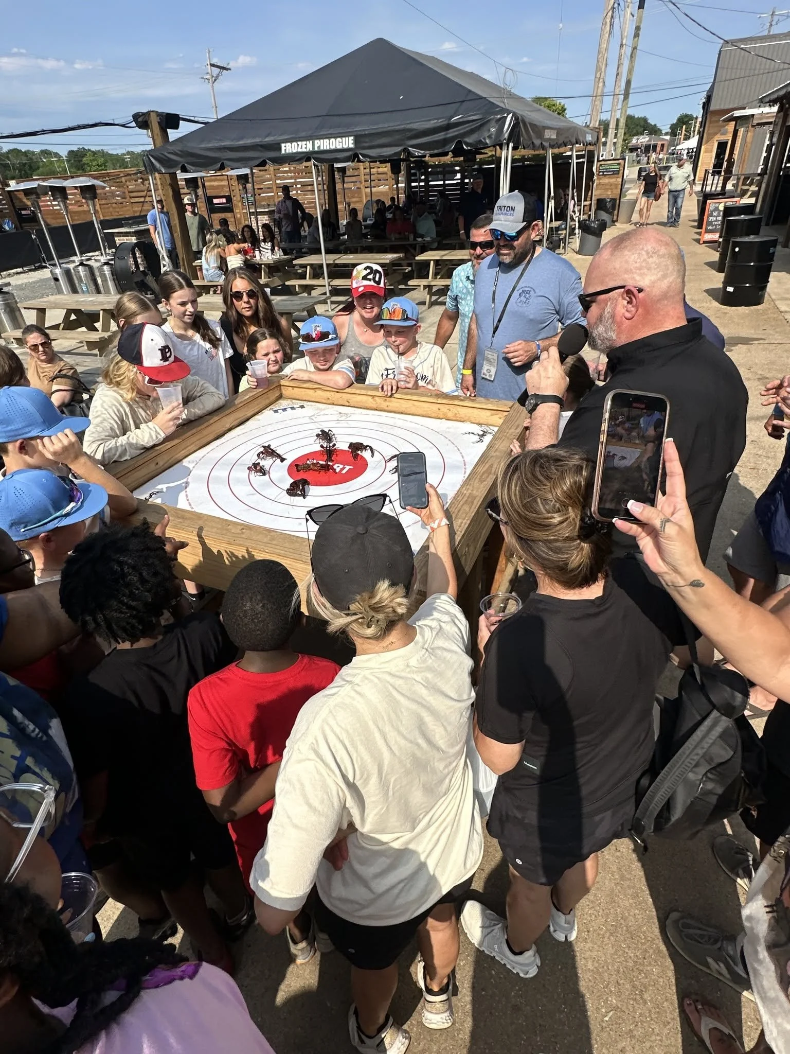 People gathered around a table watching a small game of ice hockey with toy lobsters attached to the surface, outdoors on a sunny day.