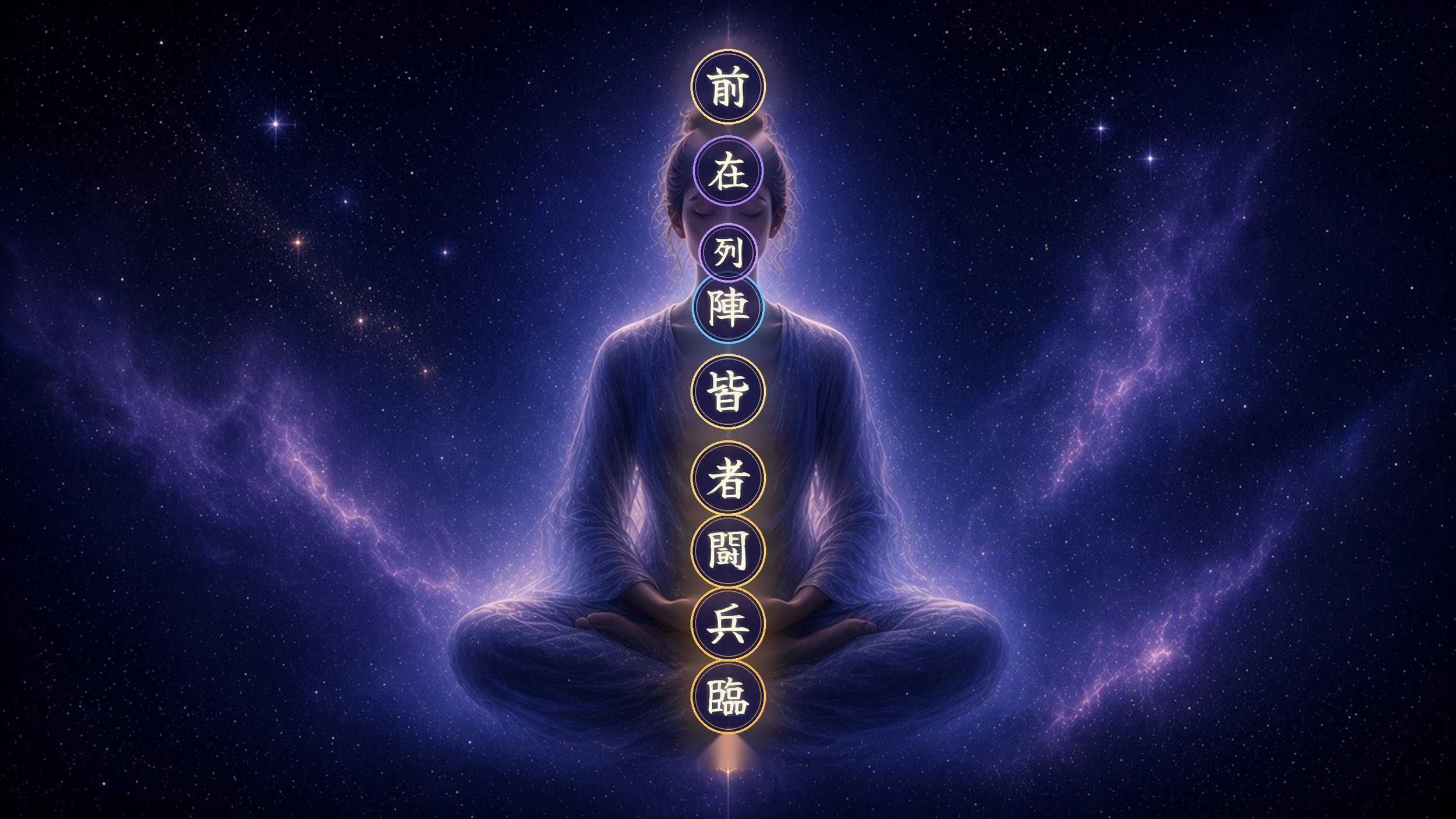 The nine Kuji-in seals in order up the body, from Rin at the base to Zen above the crown