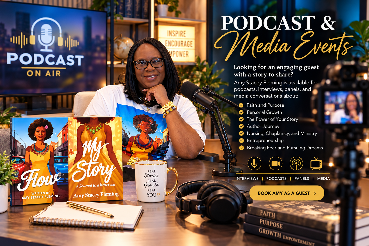 A woman with black hair, glasses, and a white t-shirt sitting at a desk with a microphone, books, and a mug, in a podcast studio promoting media events and her book, with a TV screen displaying the podcast logo and a background with greenery and warm lighting.