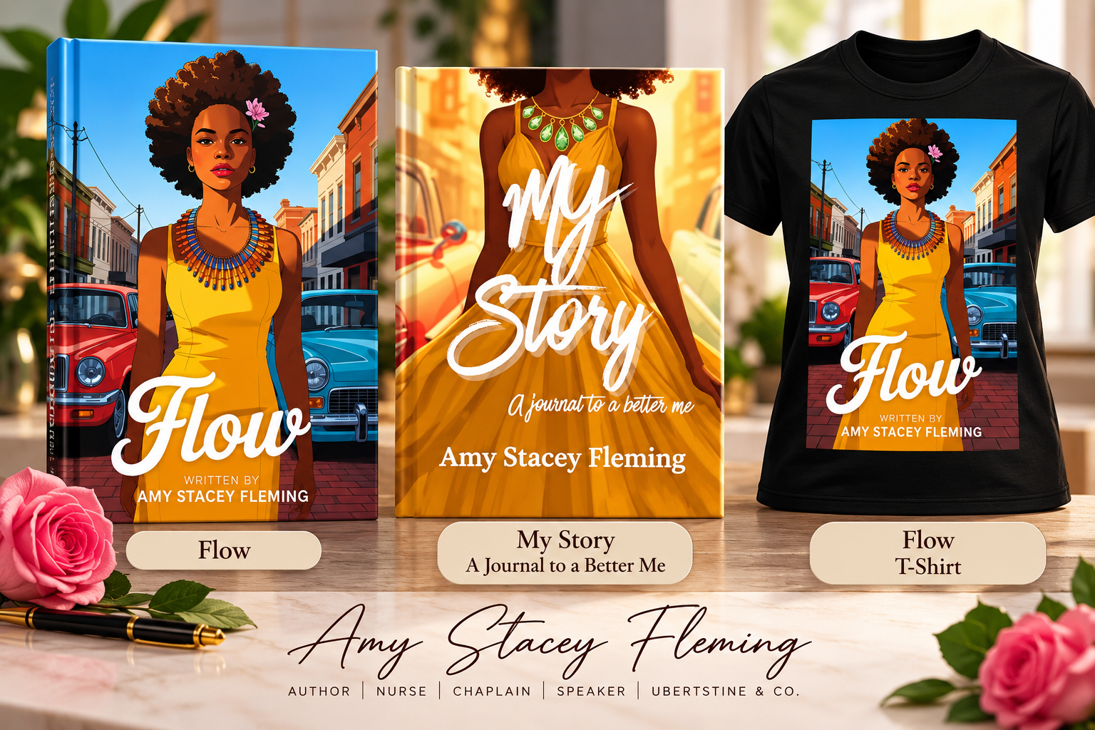 Display of three books and a T-shirt, all titled 'Flow' or 'My Story: A Journal to a Better Me' by Amy Stacey Fleming, featuring a woman with natural curly hair and a yellow dress on their covers, set on a table with pink roses and a pen.